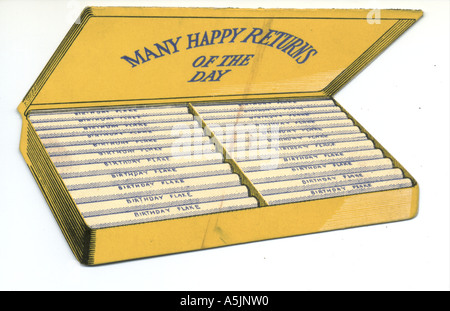 Die cut birthday greeting card circa of a box of cigarettes1930 Stock Photo