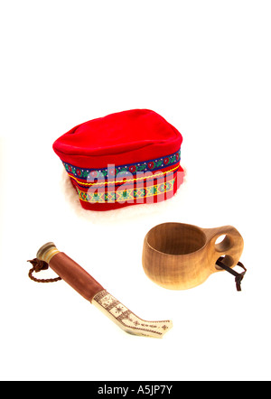 Traditional Sami sheath knife hat and wood mug from Northern Sweden Stock Photo