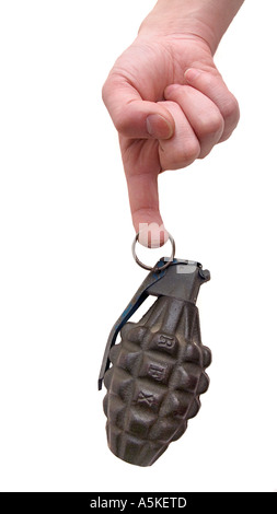 Hand grasping a hand grenade Familiar pineapple form M21 grenade Finger through the pin White background Stock Photo