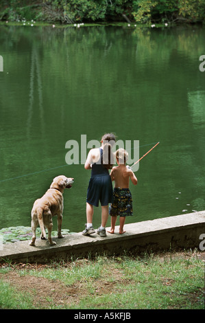 Girl Watching Her Dog Swim In Algonquin Park Stock Photo