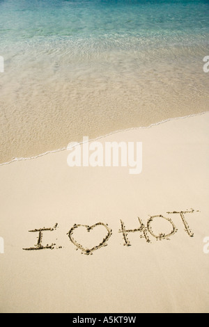 I Love Hot written in sand Stock Photo