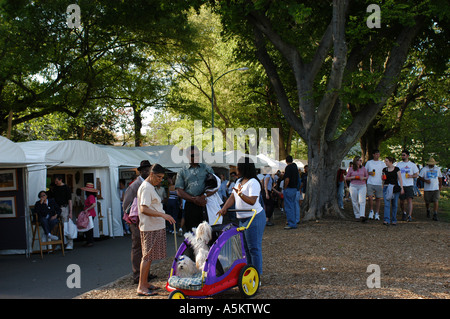 A crowd of people walk by the artists exhibitions in the Atlanta Dogwood Festival in Piedmont Park in Atlanta Georgia on a beautiful spring day Stock Photo