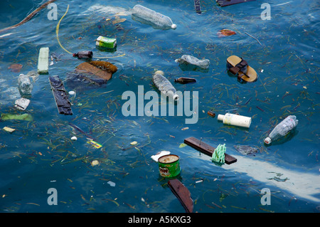 Plastic bottles and rubbish / trash floating in the sea, Maldives.