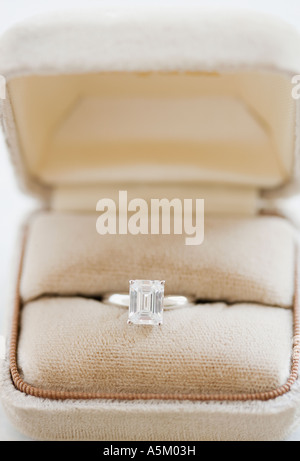 Close up of diamond engagement ring in box Stock Photo