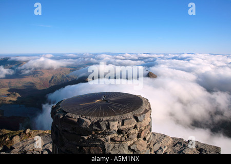 Trig Point at the Summit of Mt Snowdon Yr Wyddfa Snowdonia National Park Gwynedd Wales Stock Photo