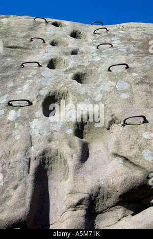 Hand holds and Footholds on 'Cork stone' on Stanton Moor  in Derbyshire 'Great Britain' Stock Photo