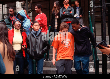 Students on the front steps of the Professional Performing Arts School in Manhattan a New York City Public High School Stock Photo