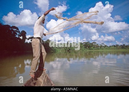 Cast net fishing in remote part of the Amazon rainforest Purus River Acre Brazil Stock Photo