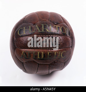 an old fashioned hand stitched 18 panel leather football with lacing made by Salters of Aldershot UK. c 1950, Charlton Athletic Stock Photo