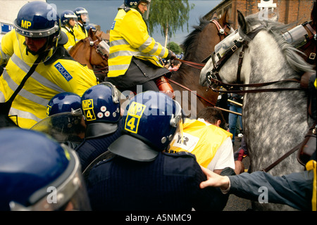 Mounted police on horses and riot police struggle to control a crowd of demonstrators. Stock Photo