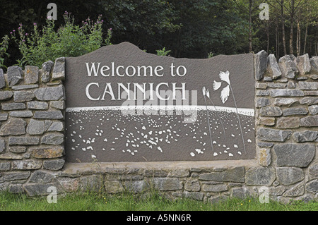 A stone 'Welcome' sign outside Cannich village in the Highland region of Scotland. Stock Photo