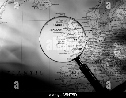 A map and magnifying glass showing the United Kingdom Stock Photo