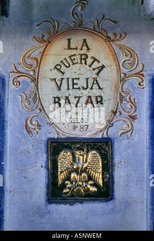 Sign at La Puerta Vieja Bazar, art and crafts shop on Calle Reloy in San Miguel de Allende, Mexico Stock Photo