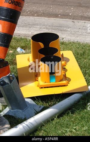 A dismantled overhead traffic light system waiting to be assembled. Stock Photo