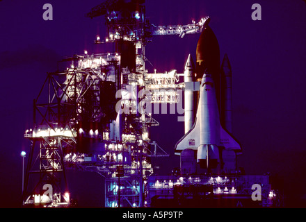 Night view of NASA space shuttle on launch pad, Cape Kennedy, Florida, USA. Stock Photo