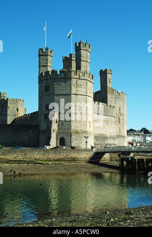 Caernarfon Castle a medieval historical stone fortress building on River Seiont major tourist sightseeing attraction Caernarfon Gwynedd North Wales UK Stock Photo