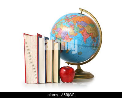 School books, globe and red apple. Stock Photo
