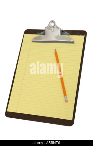 Clipboard with yellow paper and pencil Stock Photo