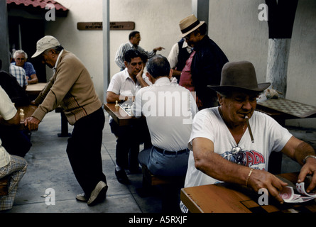 CUBAN EXILE COMMUNITY MIAMI OLDER MEMBERS OF THE COMMUNITY IN DOMINO PARK MEN IN HATS SMOKING CIGARS PLAY CARDS,CHESS AND DOMINO Stock Photo