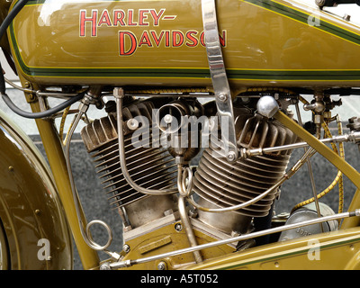 Detail of a very old classic Harley Davidson motorcycle showing the famous v twin engine layout Stock Photo