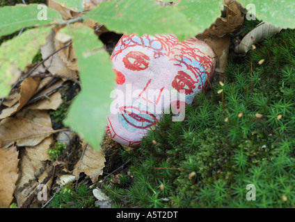 Stone decorated with face lying in moss, close-up Stock Photo