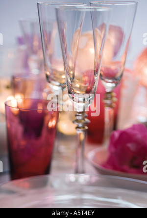 Champagne glasses on set table Stock Photo