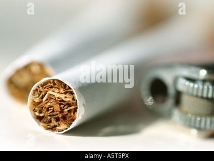Cigarettes and lighter, extreme close-up Stock Photo