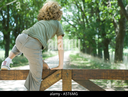 Boy climbing fence, rear view Stock Photo