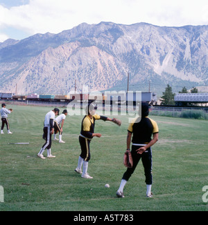 First Nation Canadian Indian baseball players practising before a game in Lillooet British Columbia Canada Stock Photo