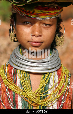 Young Bonda tribal girl wearing her traditional jewellry in Koraput Orissa India Stock Photo