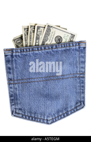 Money in Jean Pocket cut out on white background Stock Photo