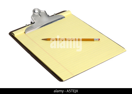 Clipboard with yellow paper and pencil cut out on white background Stock Photo