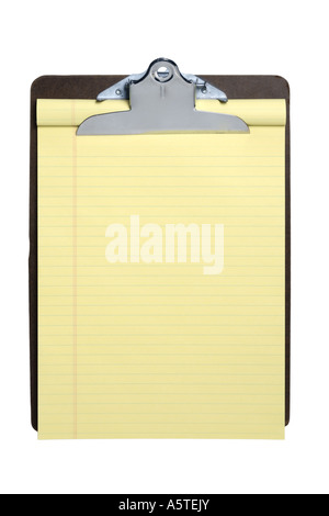 Clipboard with Yellow paper cut out on white background Stock Photo