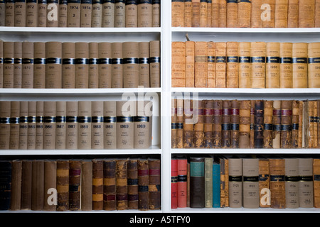 Legal books and Law Reports on a bookshelf in Lawyers Chambers in London