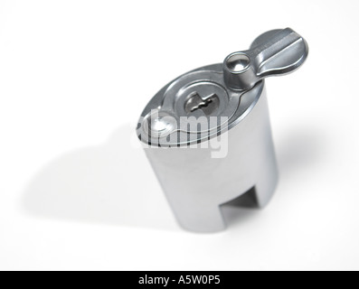 A chrome strong tough padlock and key Stock Photo