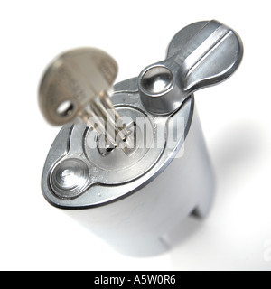 A chrome strong tough padlock and key Stock Photo