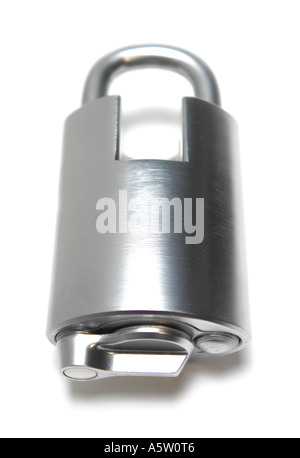 A chrome strong tough padlock and key Stock Photo