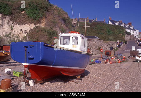 Beer, East Devon, Fishing boats are hauled by tractor up the beach clear of any rough seas.  XPL 4921-460 Stock Photo