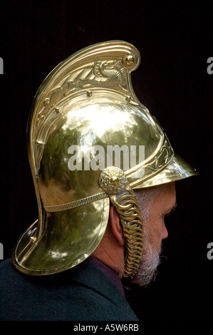 Closeup detail of a brass firemans helmet. DSC 8357 Stock Photo