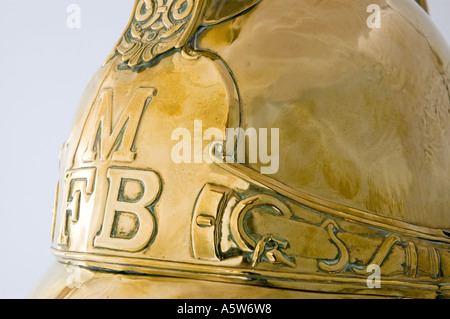 Closeup detail of a brass firemans helmet. DSC 8559 Stock Photo