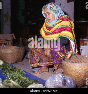 Brightly dressed local woman selling vegetables from her small market stall,Muang Sing,Laos. Stock Photo