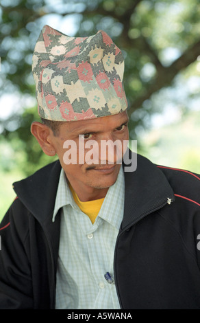 Close-up of Nepali man with traditional topi hat Pokhara Nepal Stock Photo