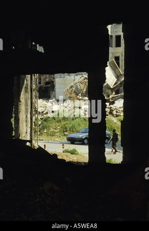 Lebanon Beirut In April 1994 After The Civil War Military Soldier And Destroyed Buildings Stock Photo