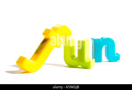 the word fun spelt out with colourful fridge magnets Stock Photo