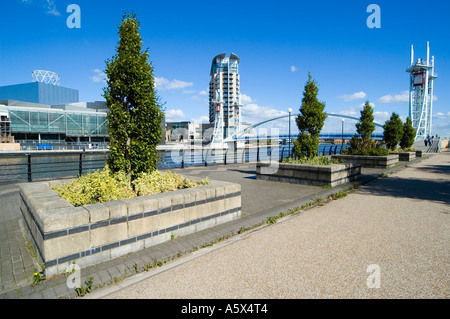 The Lowry and the Imperial Point apartment block from Trafford Wharf, Salford Quays, Greater Manchester, UK Stock Photo