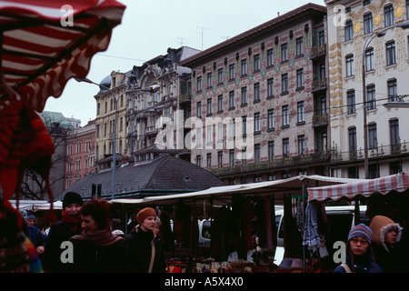 Naschmarkt with Majolika house by Otto Wagner in background Vienna Austria Stock Photo