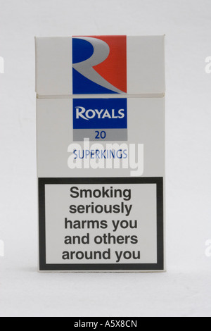 Red white and blue packet of Royals Superkings cigarettes with smoking seriously damages health warning UK Stock Photo