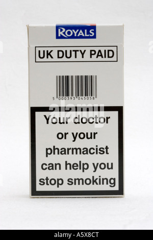 Packet of Royals Superkings cigarettes with message your doctor can help you stop smoking UK Stock Photo
