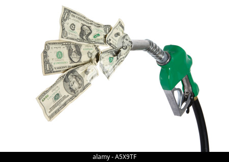 Green gas nozzle with US money coming out. Stock Photo