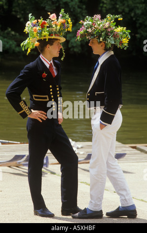 Eton school college. Boy wearing traditional floral straw boater naval costume for Procession of Boats Founders day tradition Windsor 1985 1980s UK Stock Photo